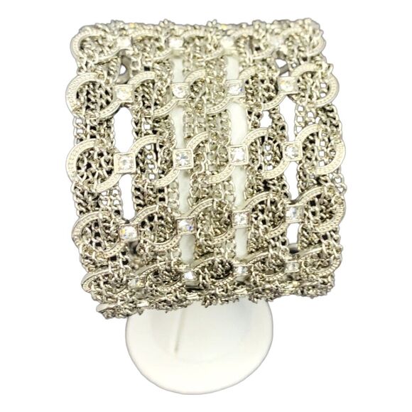 Jennifer Lopez Mesh Silver Tone Bracelet 7"-8" Icy Rhinestone JLO Wide Chain - Picture 2 of 9